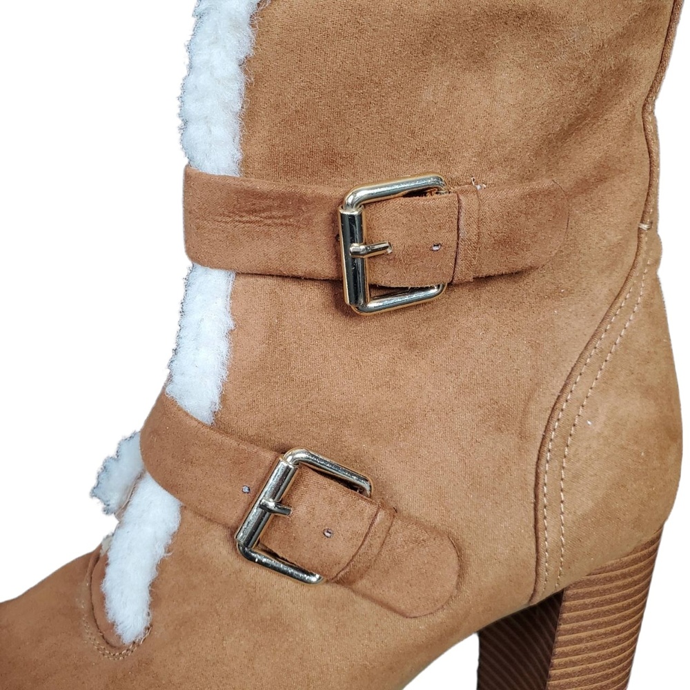 12 Thompson Tania Faux Shearling Multi Strap Buckle Chunky Heel Boots Tan 9 - Picture 10 of 14